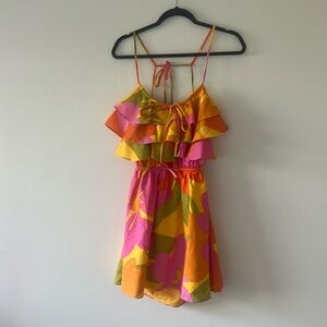SABO SKIRT COLORFUL BACKLESS MINI DRESS WITH RUFFLE DETAILS